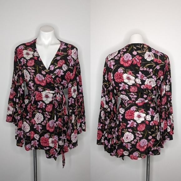 NWOT Billabong black pink floral wrap robe cover up M/L - Picture 1 of 10